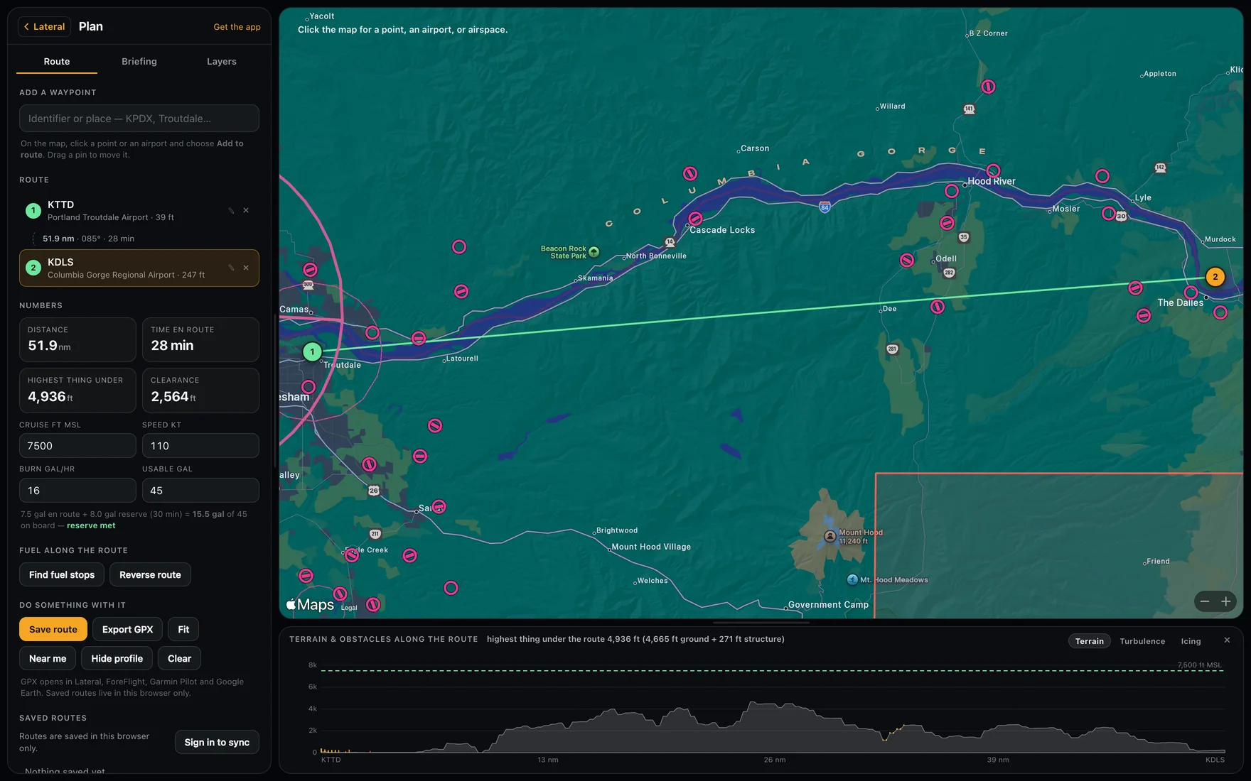 Lateral Plan in the browser: a route from Portland-Troutdale to The Dalles across the Columbia Gorge, with distance, time en route, the highest thing under the route and clearance beside it, obstacles marked across the map, and a terrain profile along the bottom.