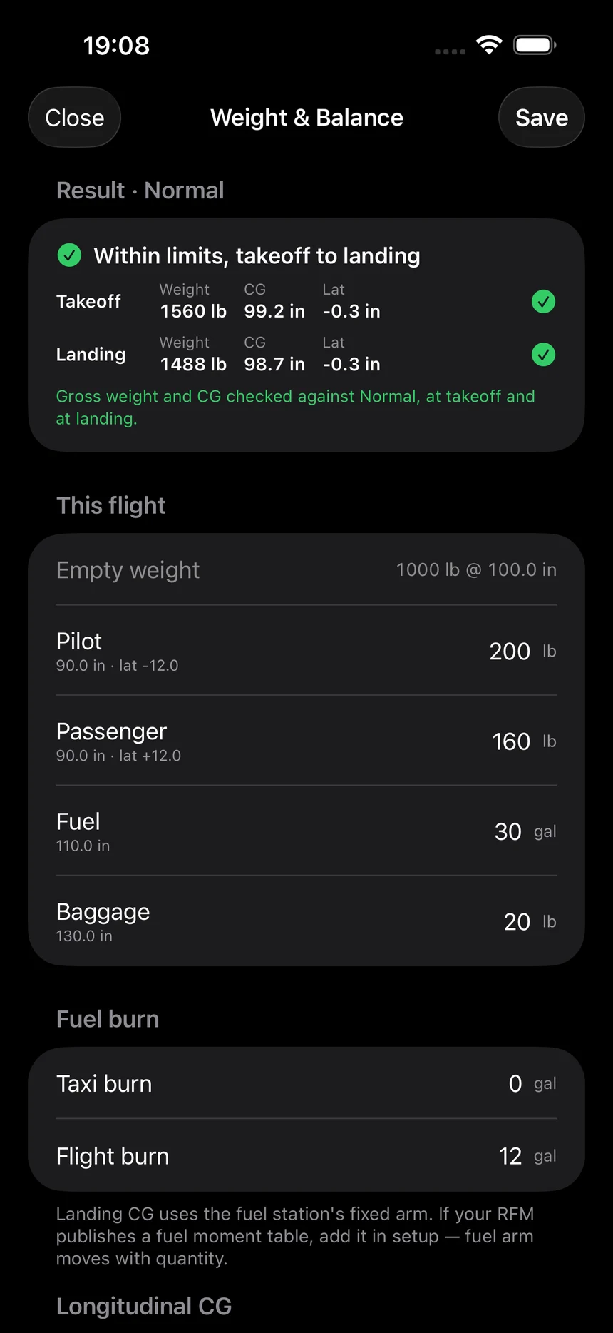 A Lateral weight and balance result: within limits from takeoff to landing, with weight, CG and lateral CG checked at both ends.